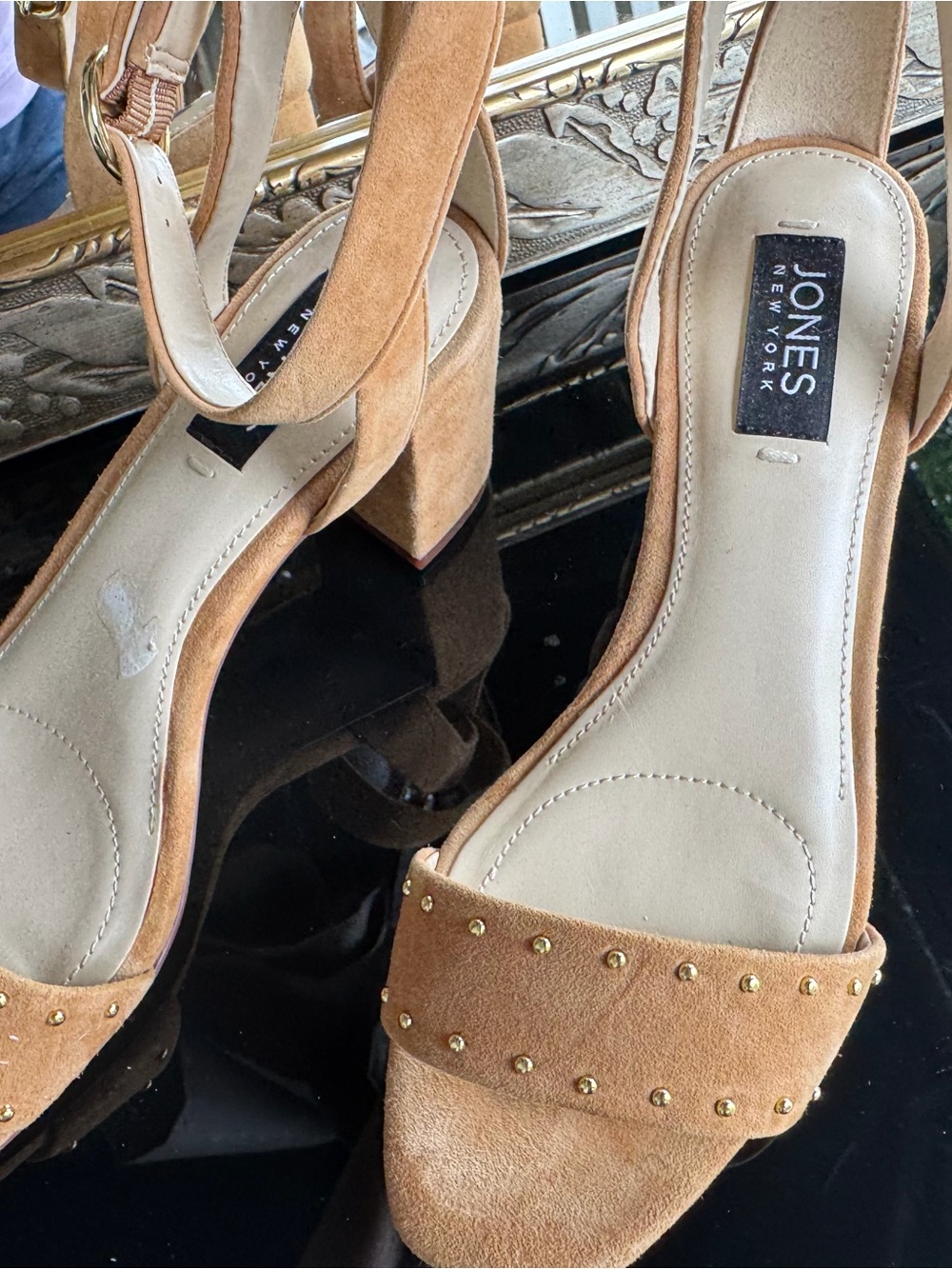 Jones New York Tan Suede Studded Block Heel Sandals